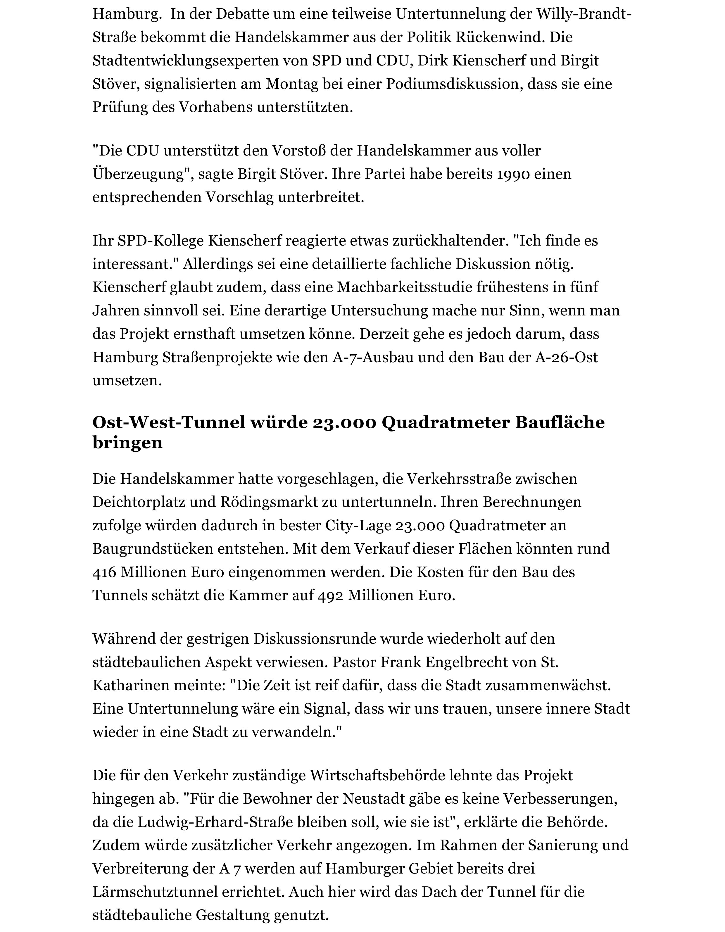 Rückenwind aus der Politik für den Ost-West-Tunnel - Hamburg -
